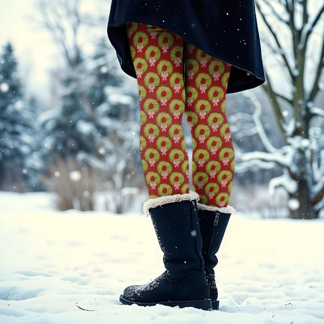 Red Green Cute Fun Christmas Wreath Coquette Bow  Leggings (Creator Uploaded)