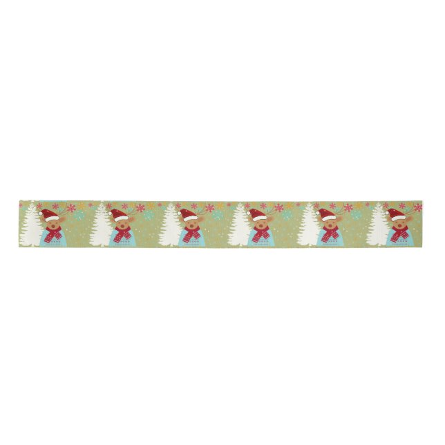 Red Green Cute Reindeer Winter Trendy Christmas Satin Ribbon (Front)