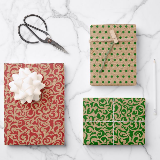 Red Green Damask Polkadots On Brown Kraft Coloured Wrapping Paper Sheet (Front)