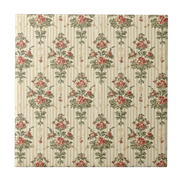 Red Green Damask Vintage Ornamental Classic Tile (Front)