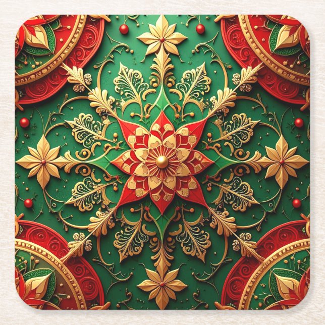 Red Green Decorative Holiday Paper Coaster (Front)