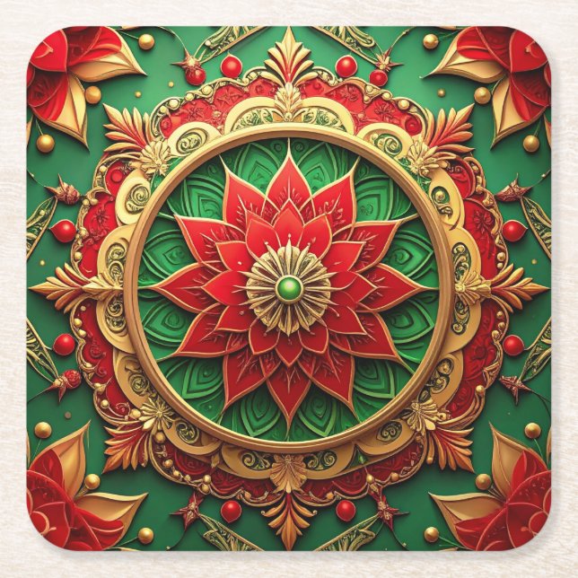 Red Green Decorative Holiday Paper Coaster (Front)
