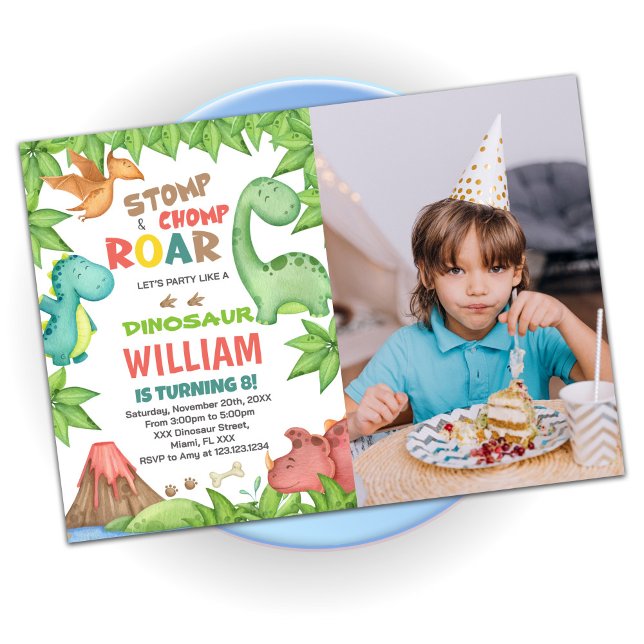 Red Green Dinosaur Birthday Invitations with photo (Creator Uploaded)