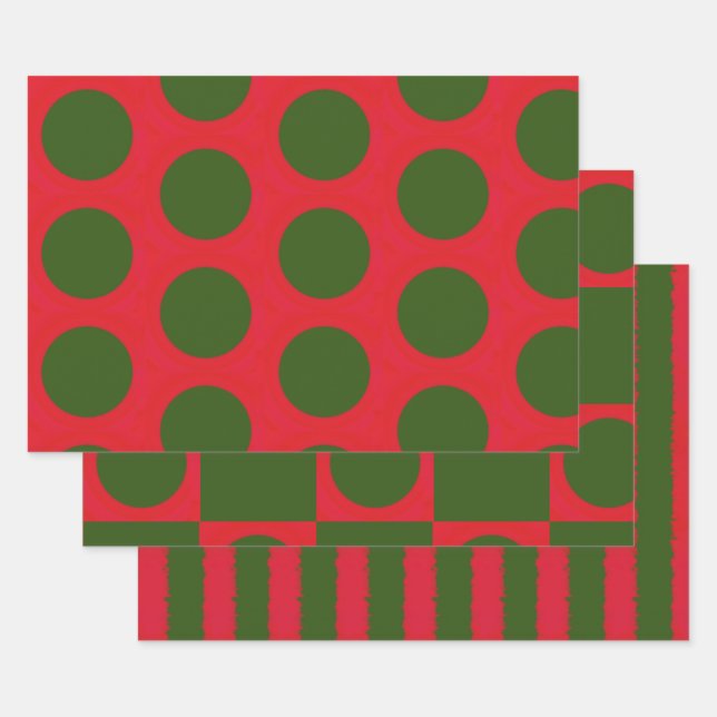 Red Green Dot Stripe Pattern Wrapping Paper Sheet (Set)