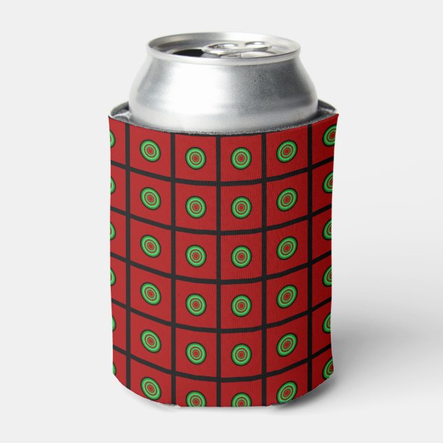 Red Green Dots Squares Can Cooler (Can Front)