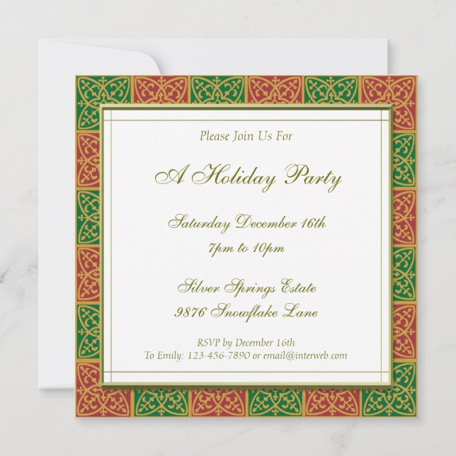 Red Green Elegant Tile Pattern Holiday Square Invitation (Back)