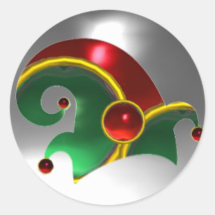 RED GREEN ELF HAT /GOLD JEWELS ,  RUBY GEM STONES CLASSIC ROUND STICKER