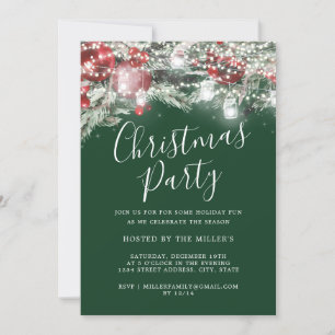 Red Green Festive Foliage Lights Christmas Party Invitation
