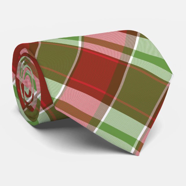 Red Green Festive Plaid Christmas Holiday Pattern Tie (Rolled)