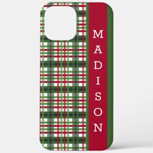 Red Green Festive Tartan Pattern Personalised Name iPhone 12 Pro Max Case