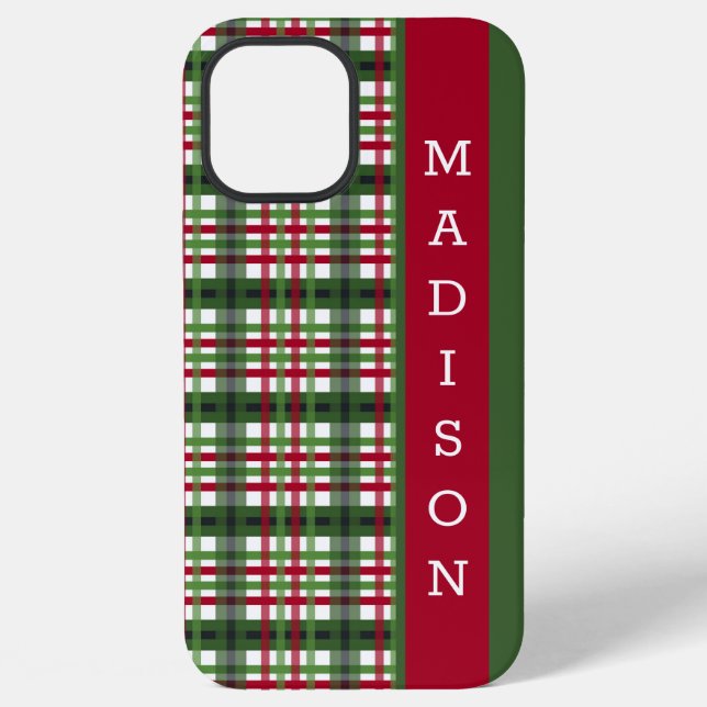 Red Green Festive Tartan Pattern Personalised Name iPhone Case (Back)