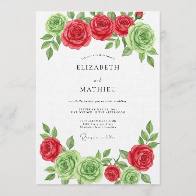 Red Green Floral Bloom Wedding Invitation (Front)