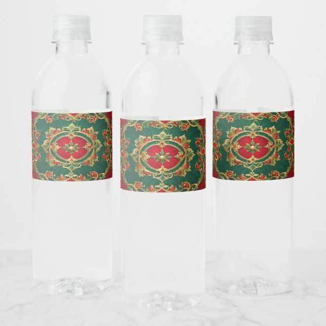 Red Green Floral Decorative Christmas Holiday Water Bottle Label (Bottles)