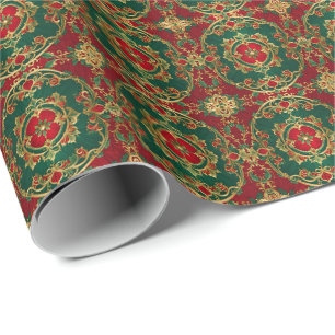 Red Green Floral Decorative Holiday Wrapping Paper