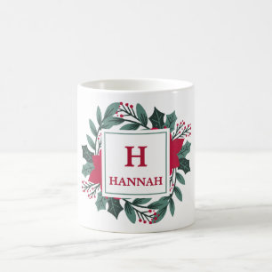 Red Green Floral Elegant Monogram Name Christmas   Coffee Mug