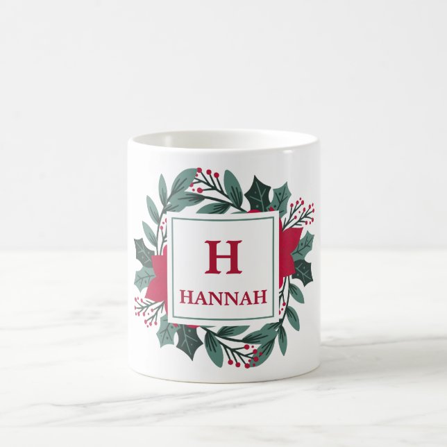 Red Green Floral Elegant Monogram Name Christmas   Coffee Mug (Center)