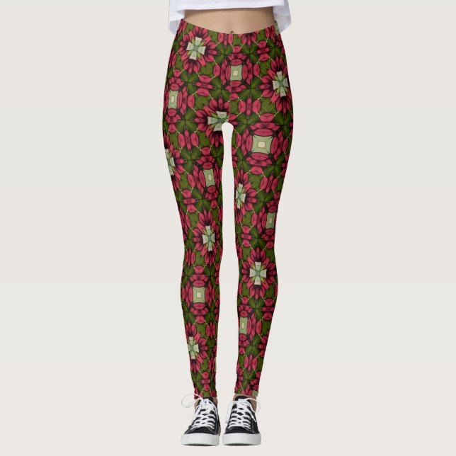  Red & Green Floral Kaleidoscope Leggings (Front)