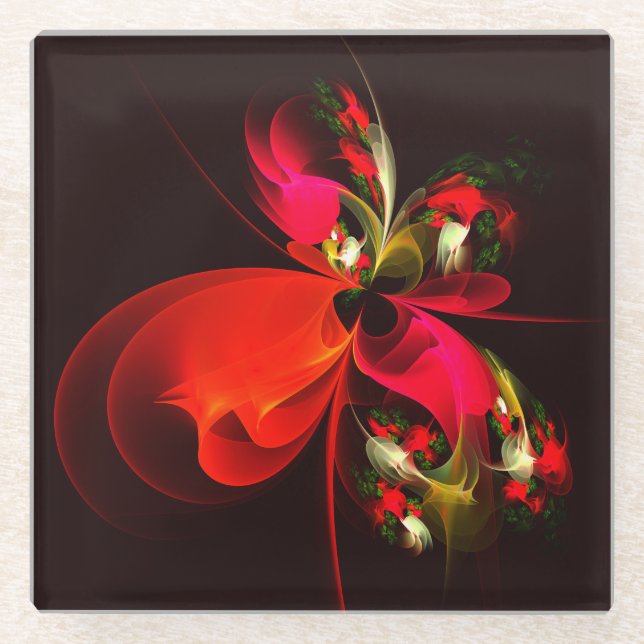 Red Green Floral Modern Abstract Art Pattern #02 Glass Coaster (Front)