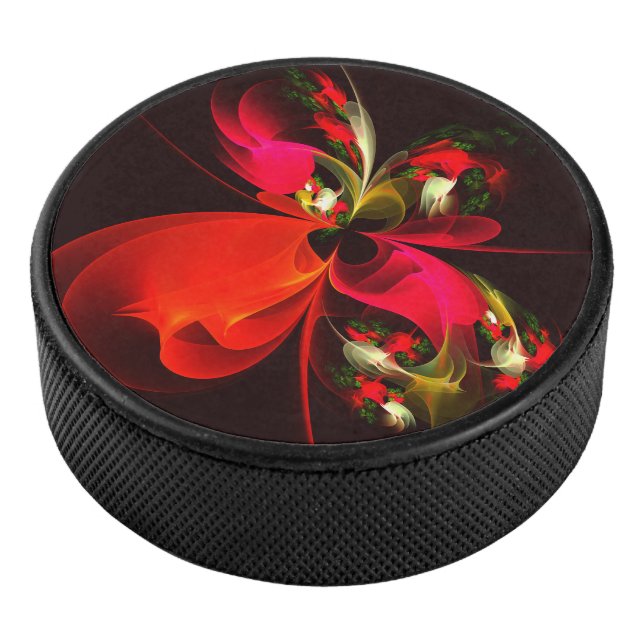 Red Green Floral Modern Abstract Art Pattern #02 Hockey Puck (3/4)