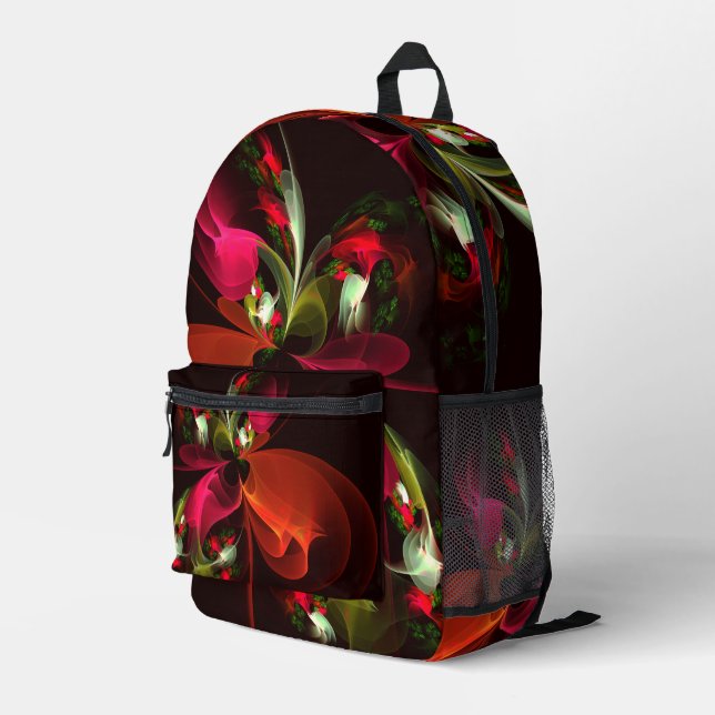 Red Green Floral Modern Abstract Art Pattern #02 Printed Backpack (Back Corner Right)