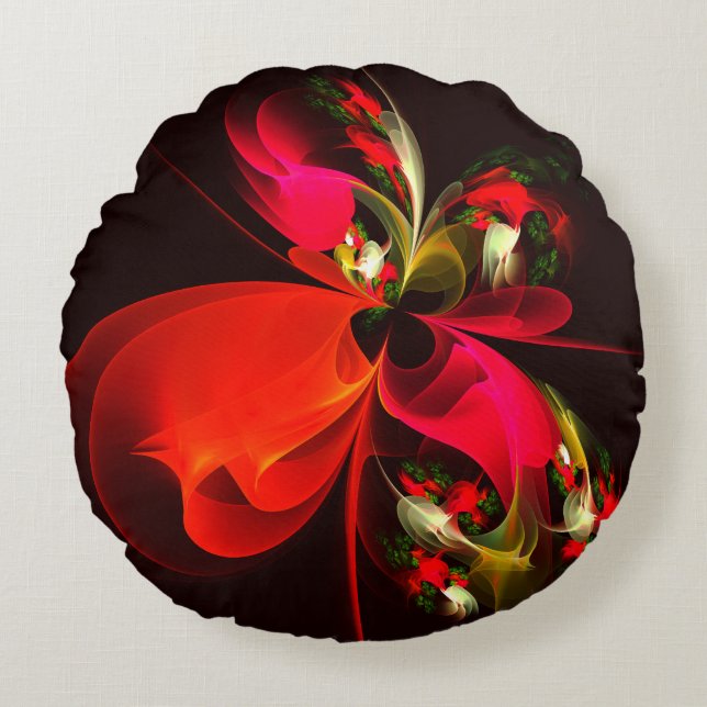 Red Green Floral Modern Abstract Art Pattern #02 Round Cushion (Front)