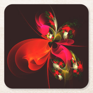 Red Green Floral Modern Abstract Art Pattern #02 Square Paper Coaster