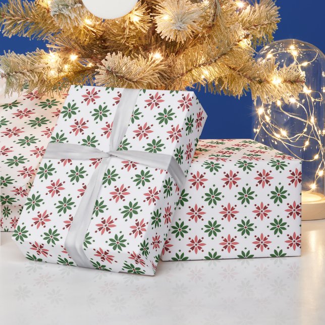 Red & Green Floral Pattern On White Wrapping Paper (Holidays)