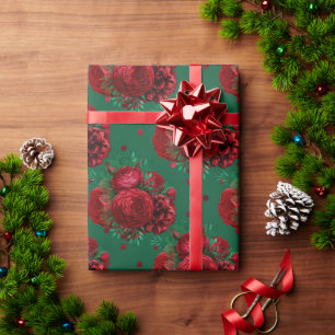 Red Green Floral Roses Holiday Christmas Wrapping Paper