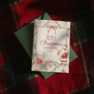 Red Green Floral Santa Clause Bow Chic Christmas Holiday Card