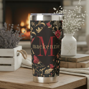 Red Green Floral William Morris Elegant Monogram Insulated Tumbler