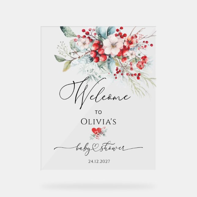 Red Green Floral Winter Baby Shower Welcome Acrylic Sign (Front)
