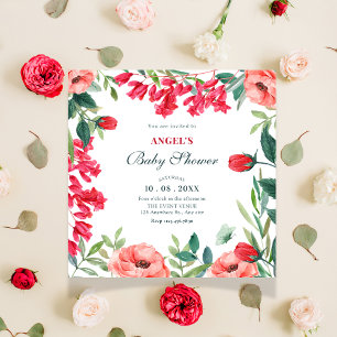 Red green floral wreath baby shower invitation