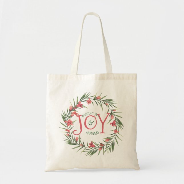 Red & Green Floral Wreath Christmas Joy Template Tote Bag (Front)