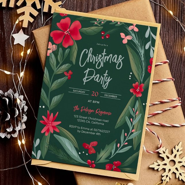Red green floral wreath pattern Christmas green Invitation (Red green floral wreath pattern Christmas red Invitation on green)