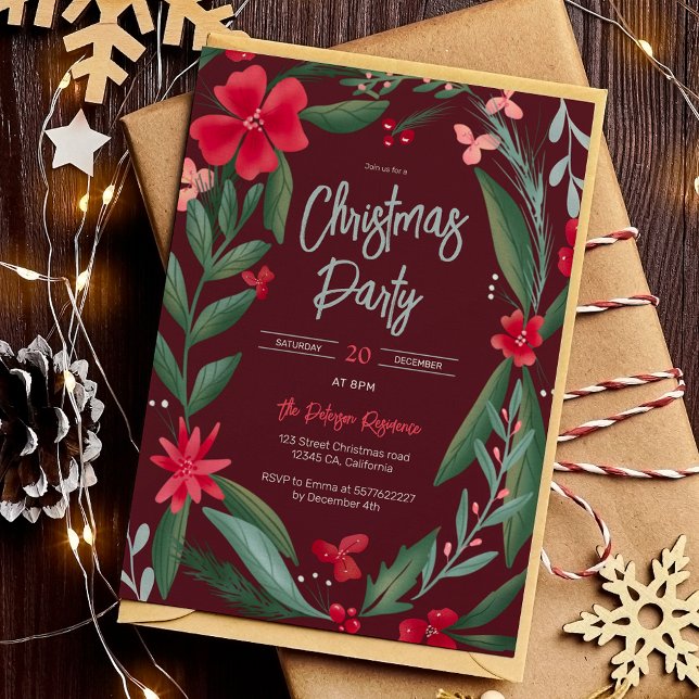 Red green floral wreath pattern Christmas red Invitation (Red green floral wreath pattern Christmas red Invitation)