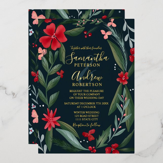 Red green floral wreath pattern wedding (Front/Back)