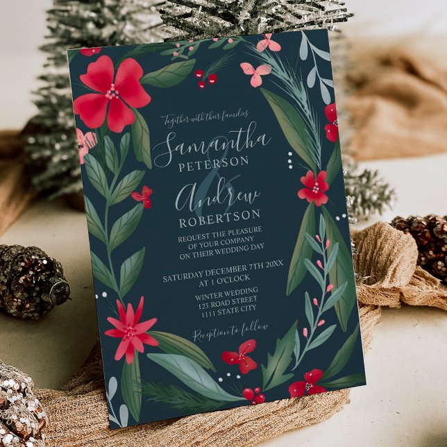 Red green floral wreath pattern wedding invitation (Red green floral wreath pattern wedding invitation on blue)