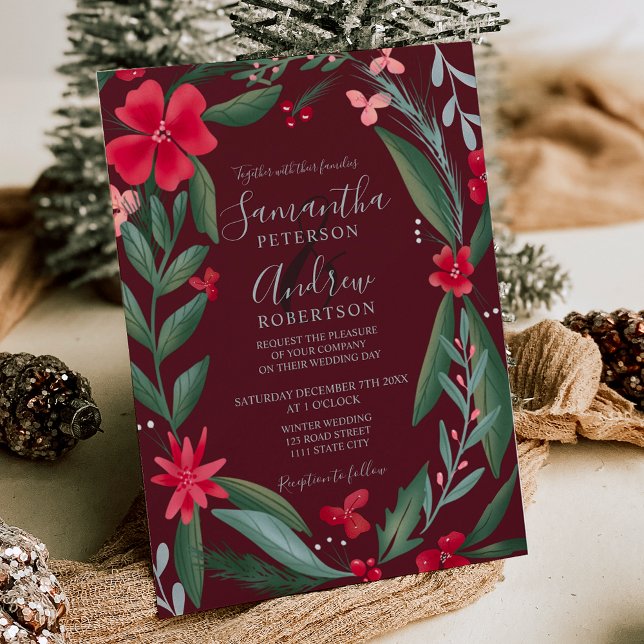 Red green floral wreath pattern winter wedding invitation (Red green floral wreath pattern winter wedding invitation )