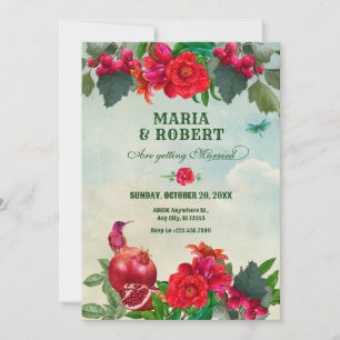 Red Green Flowers Bird Retro Vintage wedding Save The Date