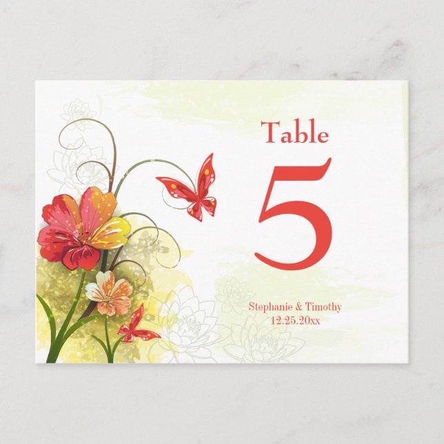 Red green flowers + butterfly wedding table number postcard (Front)