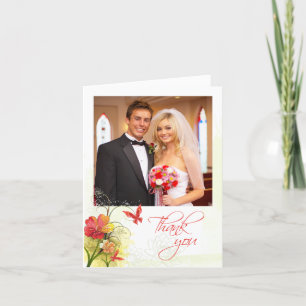 Red green flowers + butterfly wedding thank you card