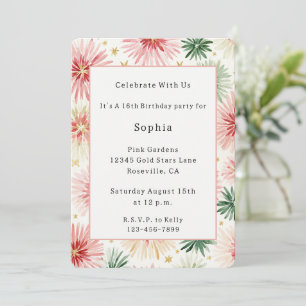 Red Green Flowers Gold Sparkle Birthday Invitation
