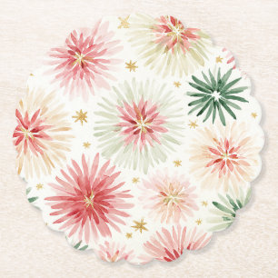 Red Green Flowers Gold Sparkle Birthday Paper Coaster