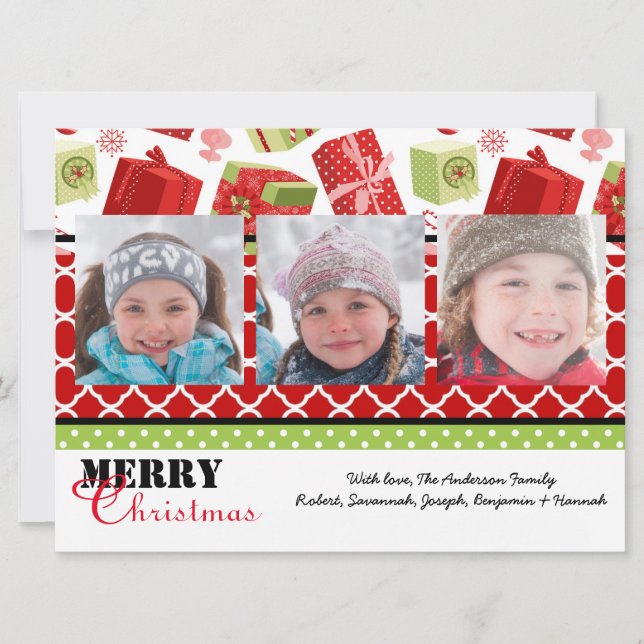 Red & Green Gifts 3 Photos - 6x8 Christmas Card (Front)