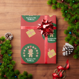 Red Green Gingerbread Cookie Custom Name Script Wrapping Paper