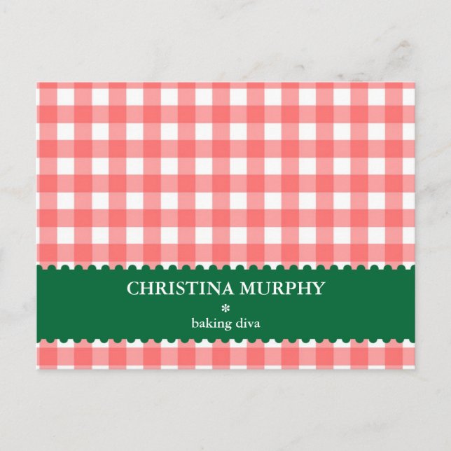 Red green gingham lined custom name recipe card (Front)