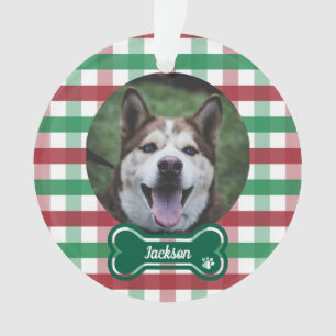 Red Green Gingham Plaid Bone Tag Dog Photo Ornament