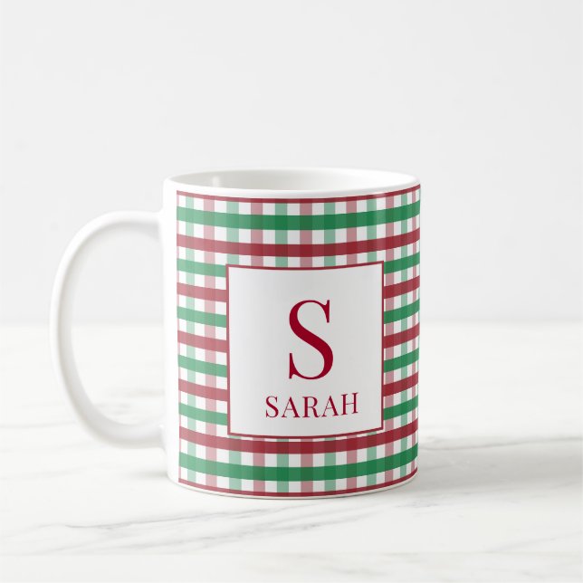 Red & Green Gingham Plaid Monogram Name Coffee Mug (Left)