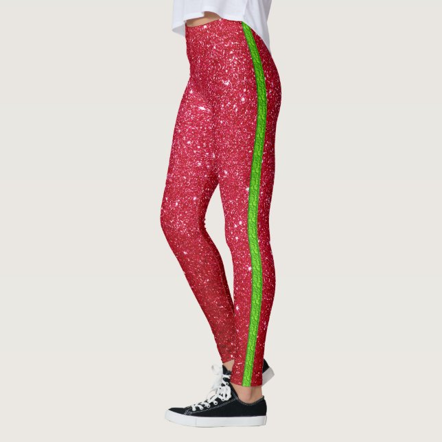 Red Green Glitter Christmas Leggings Stripes (Left)