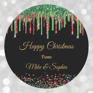 Red Green Glitter Dripping Christmas Black Glam Classic Round Sticker